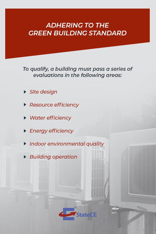 Adhering to the Green Building Standard. To quality, a building must pass a series of evaluations in the following areas: site redesign, resource efficiency, water efficiency, energy efficiency, indoor environmental quality, and building operation